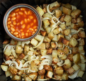 air fryer potatoes onions and baked beans