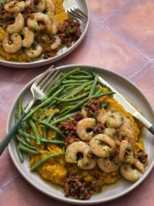 Ninja Foodi Chorizo Prawns With Sweet Potato Mash & Green Beans