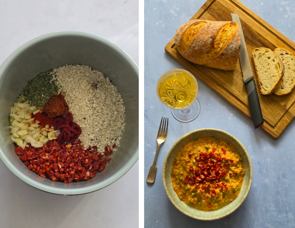 day 18 slow cooker chorizo and pea risotto